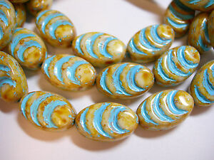  12 13x8mm Czech Glass Cream w/ Turquoise wash Oval Grooved Beads