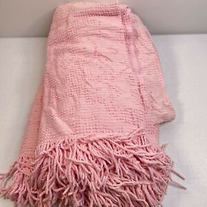 vtg chenille bedspread full 76x103 hobnob retro pink floral fringe tassel
