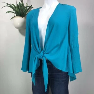 Tianello Turquoise Yuriko Blouse Crinkle Open or Knot Front Cardigan Top Size S - Picture 1 of 10