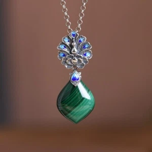 L05 Colgante Pavo Real con lunares azules Gotas de Malaquita Verde Plata 925 - Imagen 1 de 4
