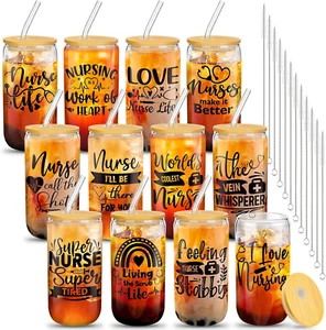 12 Pcs Nurse Gifts for Women 16 Oz Can Shaped Glass Cups with Lids and Straw Fun - Picture 1 of 7