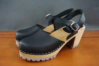MIA Abba Womens 39 / 9 Shoe Black Leather Slingback Swedish Clog Heel Sandals - Image 1 of 4