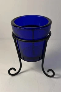 Vintage MCM Mosser Glass COBALT BLUE Votive Candle or PLANTER & Iron Metal Stand - Picture 1 of 10