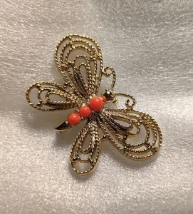 Vintage Signed Gerry's Large Gold Tone Faux Coral Butterfly Brooch Filagree Pin - Picture 1 of 7