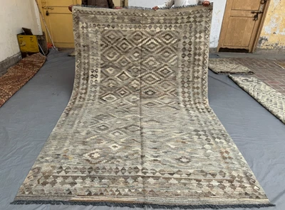 6x9 Neutral Afghan Chobi Kilim Rug – Soft Grey & Taupe Tribal Geometry – Modern - Image 1 of 4