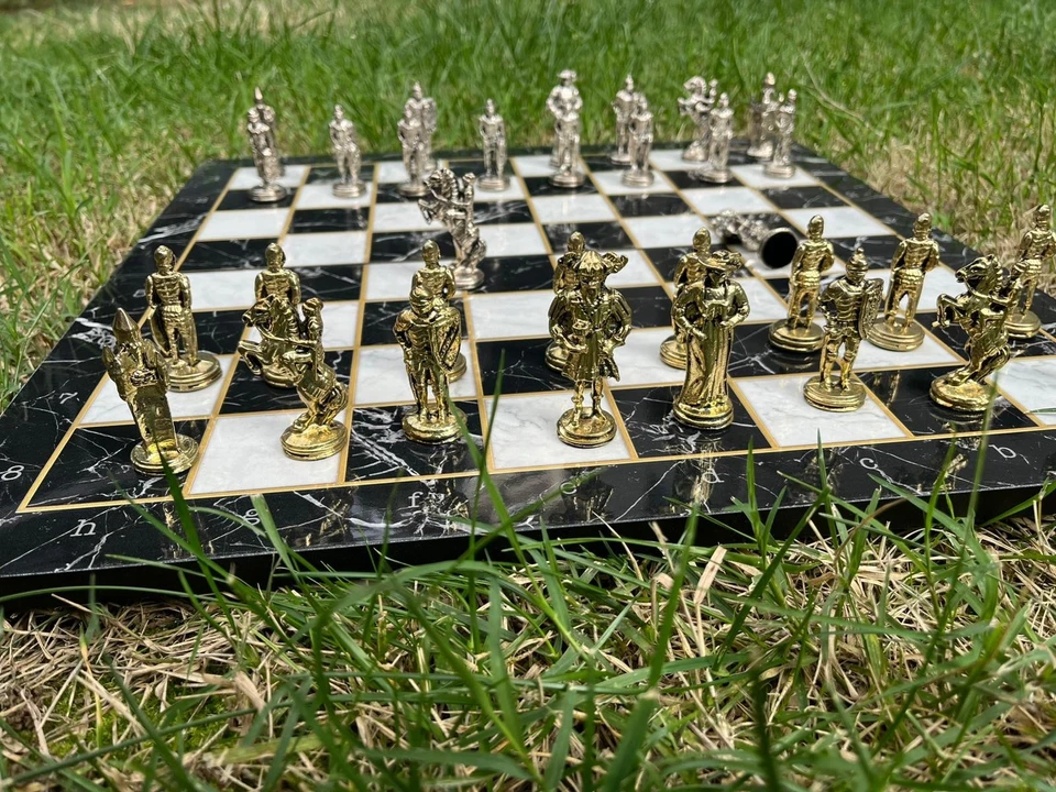 Historical Chess Set w Large Chessboard - Metal Chess Figures - Wood Chessboard - Image 1 of 4
