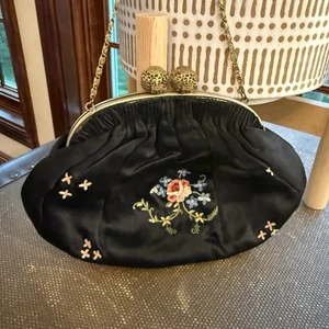 Vintage French Black Silk Embroidered Bag - Picture 1 of 10