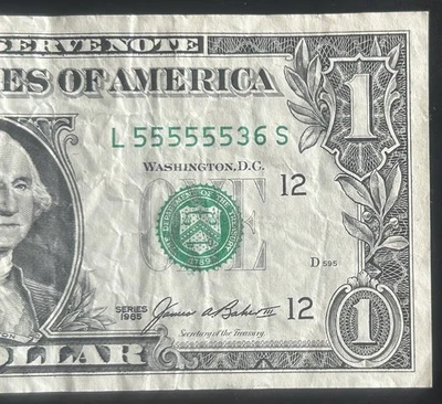 (6 IN A ROW!)$1 Vintage 6 In A Row 5s Fancy Serial Number L55555536S Series 1985 - Image 1 of 3