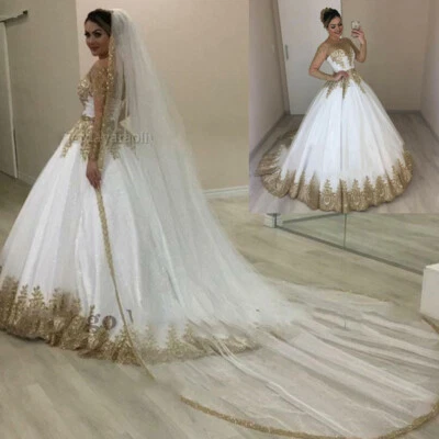 Luxury Wedding Dresses Gold Lace Applique Princess Bridal Gowns Long Sleeves - Image 1 of 4