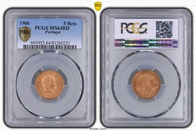 PORTUGAL , CARLOS I 5 REIS 1906  - PCGS MS 64 RD , RAREQ - Image 1 of 3