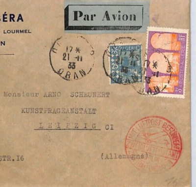 France ALGERIA Cover 1933 Oran *GERMANY AIR MAIL* Leipzig via PARIS YV259 - Image 1 of 4