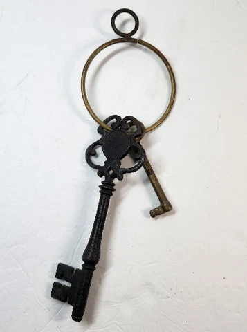 2 Vintage SKELETON KEYS Metal and Brass Antique 1 Large & 1 Small Solid Barrel Cover