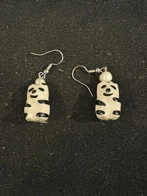 Black & White Panda Porcelain Earrings Jewelry Super Cute With Freshwater Pearl - Image 1 of 2