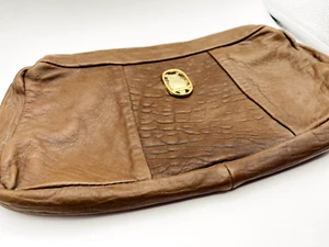 Leather Brown Clutch Owl Gold Accent Handbag Purse - Picture 1 of 9