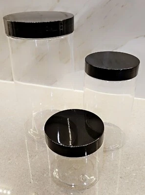 Recipientes, frasco plástico conjunto de 3 tamanhos (6 oz, 12 oz, 32 oz) com tampas pretas - Imagem 1 de 4