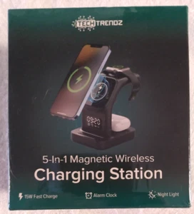 NEW Black 5-in-1 Wireless Magnetic Charging Station TECH TRENOZ Clock Nt. Light - Photo 1 sur 5