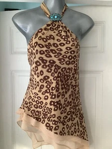 Karen Millen leopard print halter neck asymetrical 100% silk top Sz12-14 - Picture 1 of 4