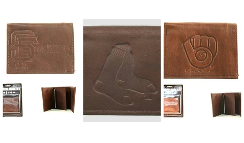 MLB TEAM BROWN LEATHER WALLET TRI-FOLD WALLET EMBOSSED LOGO YOU CHOOSE THE TEAM Cover