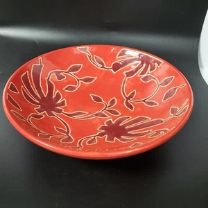 Red Earthenware Bowl Purple Palm & Leaf Hand Painted Serving Dish Party Picnic - Picture 1 of 8