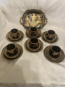 Greek 24k Gold Finished Black Espresso Coffee Trios X 6 Plus Sandwich Plater - Picture 1 of 10