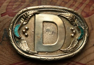 Vintage Sterling Silver 14K Gold Overlay Letter D Turquoise Belt Buckle - Image 1 of 4