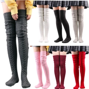 Womens Cable Knit Stockings Solid Thigh High Socks Knitted Leg Warmers Xmas Gift - Picture 1 of 91