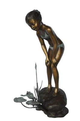 Girl looking at frog jumping bronze fountain -  Size: 21"x15"x38"H - Image 1 of 4