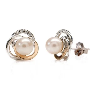 14k Yellow & White Gold 6mm Freshwater Pearl Stud Earrings with Diamonds - Picture 1 of 4