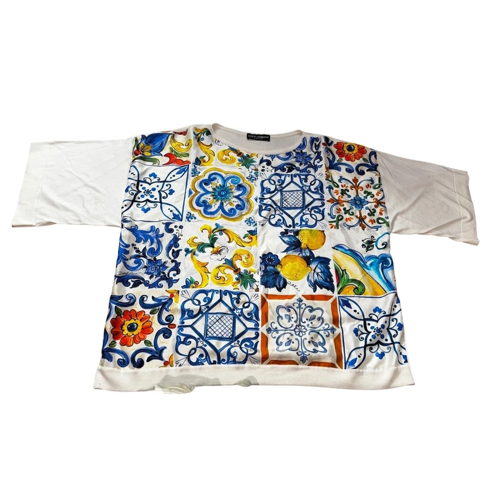Camiseta Dolce & Gabbana Para Hombre Mezcla Seda Estampado Mayólica Cuello Redondo 3XL Lujo Foto 1 de 4