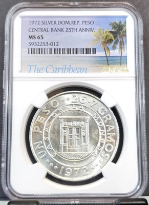 1972 DOMINICAN REPUBLIC SILVER 1 PESO CENTRAL BANK ANNIVERSARY NGC MS 65 GEM - Image 1 of 3