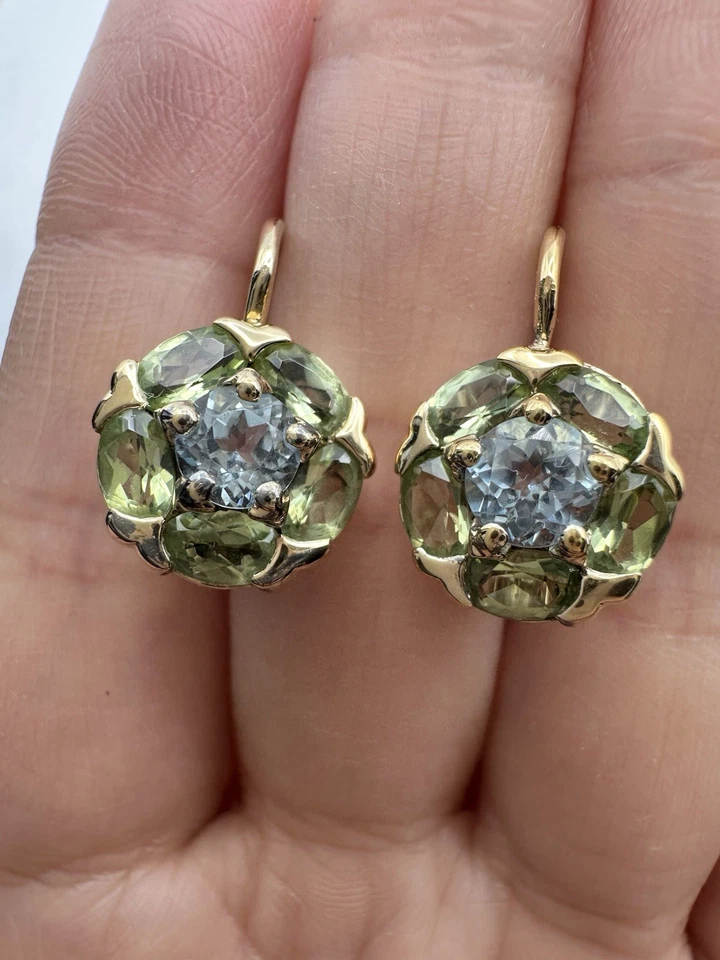 Sterling Silver 14k Gold Vermeil Natural Peridot Blue Topaz Lever Back Earrings  - Image 1 of 4