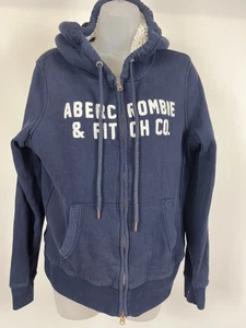 Abercrombie & Fitch felpa con cappuccio donna taglia large blu navy full zip foderata sherpa - Foto 1 di 11