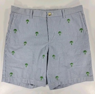 Southern Tide The Skipjack Seersucker Shorts Mens 35 Palm Tree Embroidery Blue - Image 1 of 4