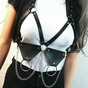 Faux Leather Punk Waist Belt Bra Metal Body Chain Straps Gothic Corset Waistband - Picture 1 of 11
