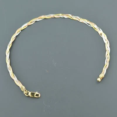 10K 3.3MM WIDE TRI COLOR 3 STRAND BRAIDED 7.25 INCH HERRINGBONE BRACELET - Image 1 of 2