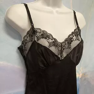 Vtg 32/XS Black Nylon Full Slip Dress Wide Lace Trim FS#51 - Picture 1 of 11