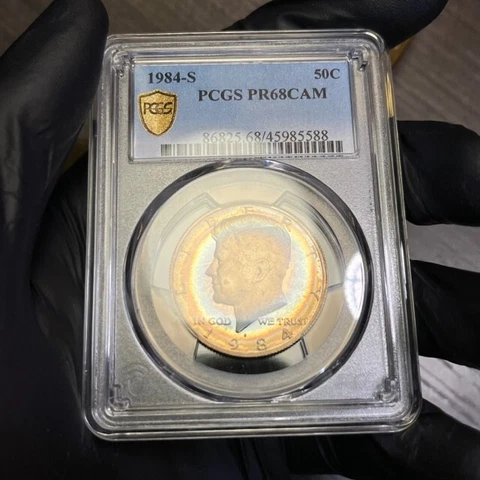 PR68CAM 1984-S 50C Kennedy Half Dollar Proof, PCGS Secure- Rainbow Target Toned Cover