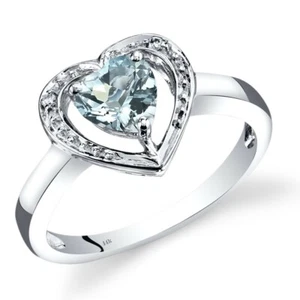 14K White Gold Aquamarine Diamond Heart Shape Ring 0.75 Carats Size 7 - Picture 1 of 2