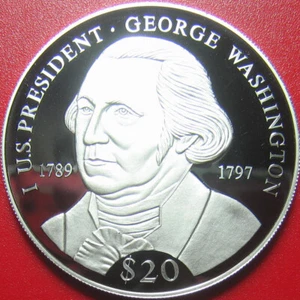 2006 LIBERIA $20 SILVER PROOF GEORGE WASHINGTON US PRESIDENT 40mm CROWN COA#5498 - Picture 1 of 8