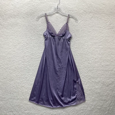 80s Vintage Sears Midi Slip Dress Small 34 Purple Satin Lace Edwardian Victorian - Image 1 of 4