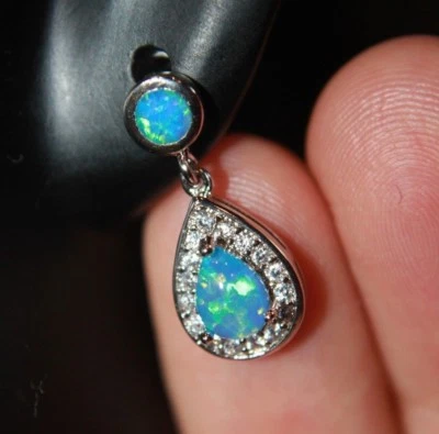 Conjunto de pendientes colgantes de ópalo de fuego circonita cúpula piedras preciosas joyas de plata diseño pequeño cóctel Foto 1 de 4