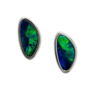 Sterling Silver Doublet Blue Green Opal Stud Earrings 1.4g - Picture 1 of 8