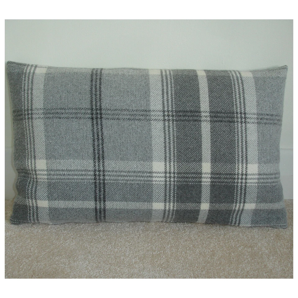 Oblong Bolster 12x16 Tartan Cushion Cover Lumbar Tweed Soft Wool Feel Grey 16x12 - Image 1 of 1