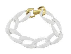 VINTAGE NAPIER WHITE ENAMEL OVAL LINK GOLD TONE BRACELET ~ 7 inch - Picture 1 of 15
