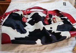 CAVALCANTI Black White Red Cowhide Genuine Leather Handbag Tote Dufflebag . - Picture 1 of 13