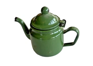 Vintage Enamelware Tea Pot Hinge Lid Small Green Enamel Metal Retro Kitchen  - Picture 1 of 5
