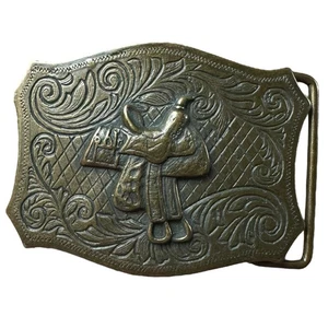 Hebilla de cinturón de montar de caballo vaquero occidental de latón vintage años 70 ornamentado 3" x 21/4" - Imagen 1 de 10