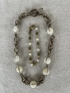 VTG White Glass Beads in Silver Cages Choker & Chain Station "Pearl" Bracelet - Picture 1 of 4