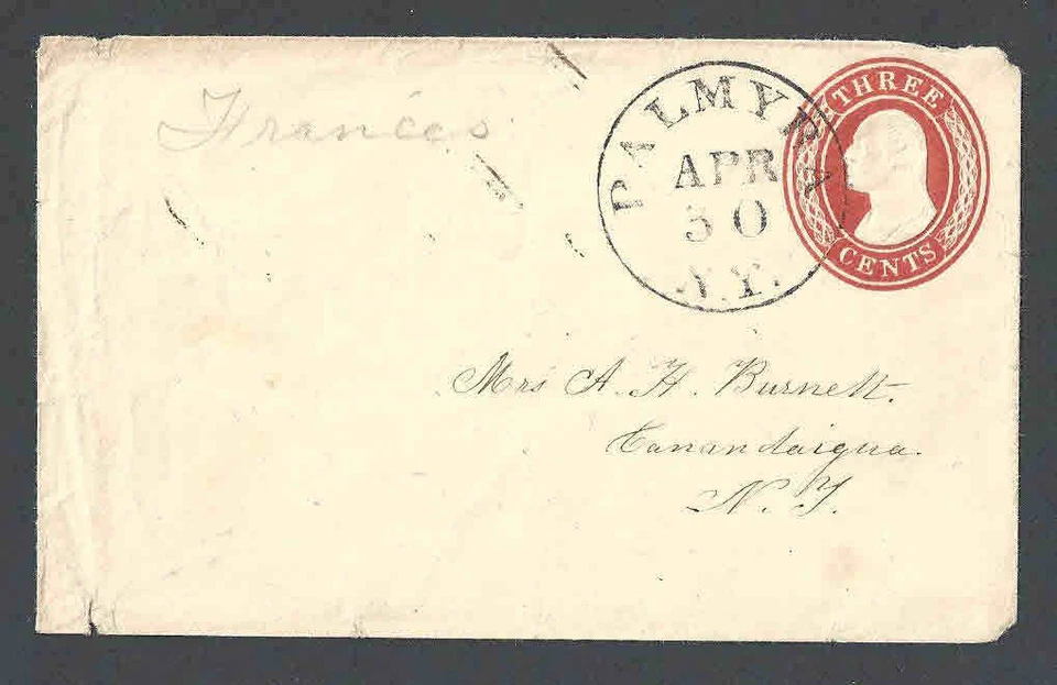 1853 U9 Used Entire 3c Red On White Die 5 Size 4 Palmyra NY Cancel - Image 1 of 1