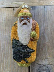 Larry Fraga Black Santa Halloween Bats Glitter Glass Christmas Ornament Orange - Picture 1 of 10